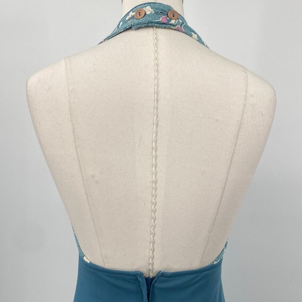 Vintage 70s Halter Dress Floral Pattern Triangle Bodice Teal Blue Pink Womens XS - Picture 9 of 10